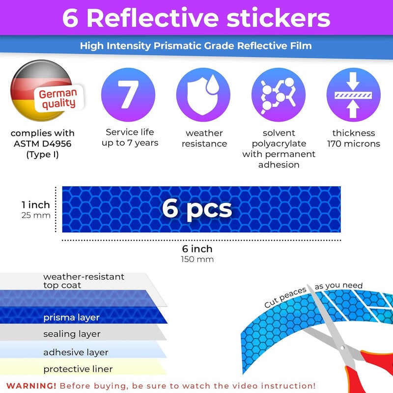 Loom Reflective Stickers for Helmet | 6pcs Prism Blue | Similar to 3M Reflective Tape | Bike Reflectors for Night Riding, Mailbox reflectors | Waterproof hi vis Decals for Car, Trailer - Image 3